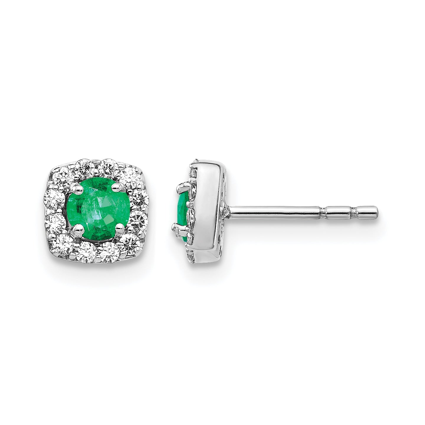 14k White Gold 1/5 carat Lab Grown Diamond VS/SI+ G+ and Created Emerald Complete Square Halo Post Earrings