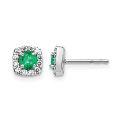 14k White Gold 1/5 carat Lab Grown Diamond VS/SI+ G+ and Created Emerald Complete Square Halo Post Earrings