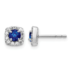 14k White Gold 1/5 carat Lab Grown Diamond VS/SI+ G+ and Created Sapphire Complete Square Halo Post Earrings