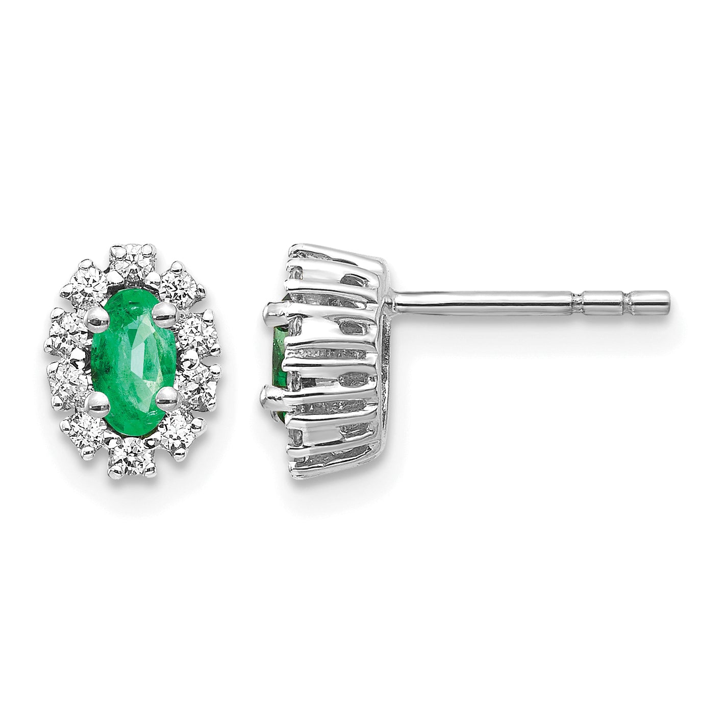 14k White Gold 1/5 carat Lab Grown Diamond VS/SI+ G+ and Oval Created Emerald Complete Halo Post Earrings