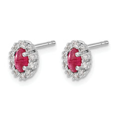 14k White Gold 1/5 carat Lab Grown Diamond VS/SI+ G+ and Oval Created Ruby Complete Halo Post Earrings