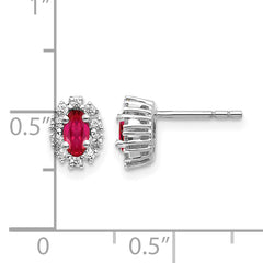 14k White Gold 1/5 carat Lab Grown Diamond VS/SI+ G+ and Oval Created Ruby Complete Halo Post Earrings