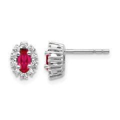 14k White Gold 1/5 carat Lab Grown Diamond VS/SI+ G+ and Oval Created Ruby Complete Halo Post Earrings