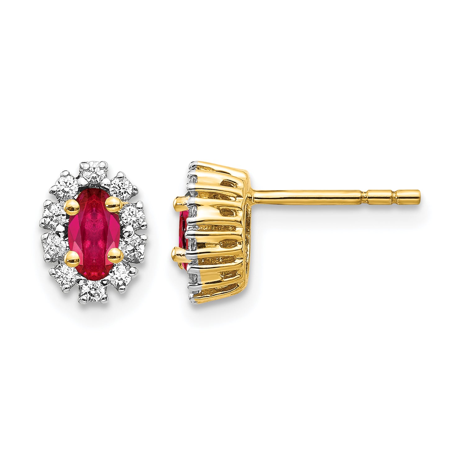 14k 1/5 carat Lab Grown Diamond VS/SI+ G+ and Oval Created Ruby Complete Halo Post Earrings