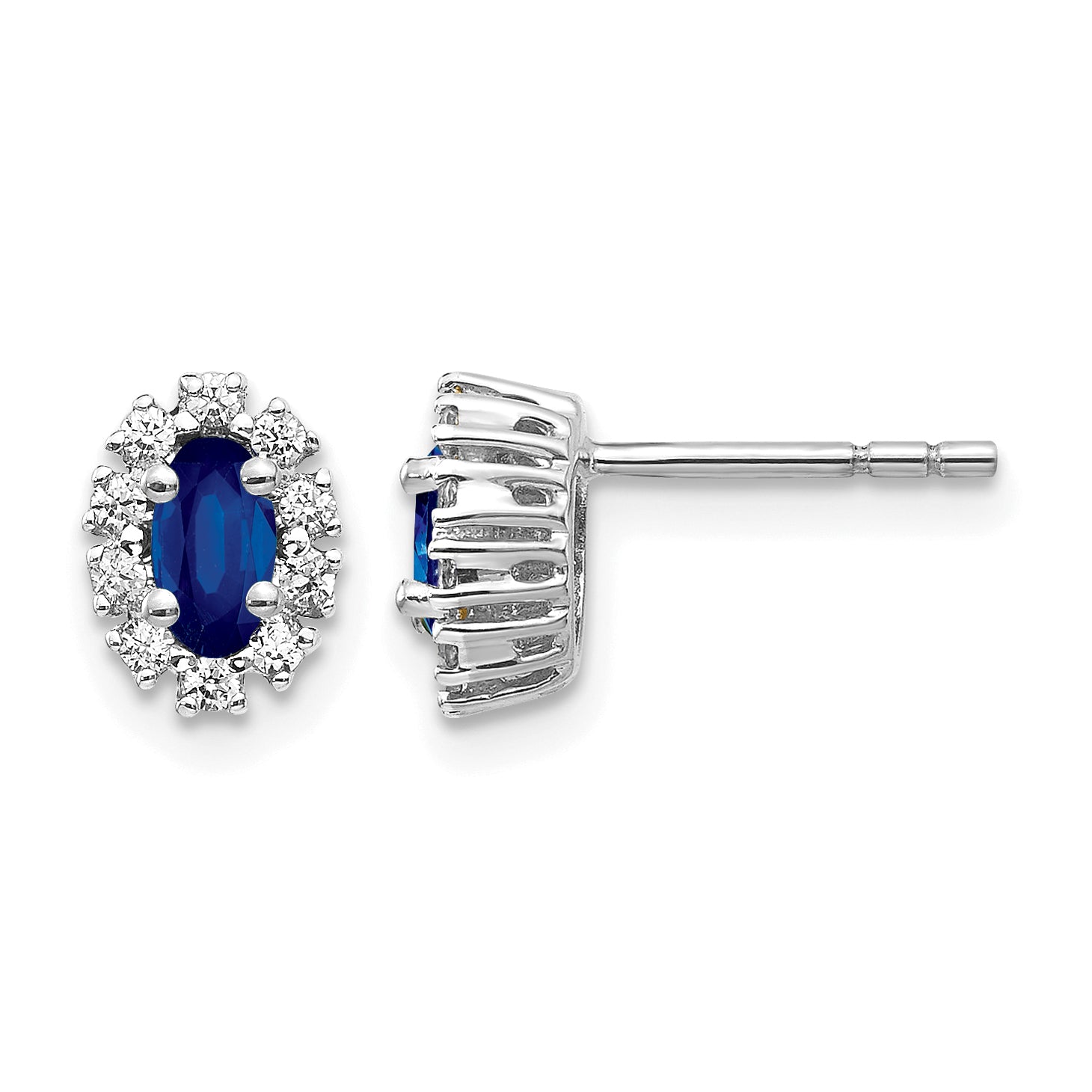 14k White Gold 1/5 carat Lab Grown Diamond VS/SI+ G+ and Oval Created Sapphire Halo Post Earrings
