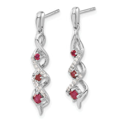 10k White Gold Diamond and Ruby 3 Stone Post Dangle Earrings