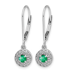14k White Gold 1/5 carat Lab Grown Diamond VS/SI+ G+ and Created Emerald Complete Halo Leverback Earrings