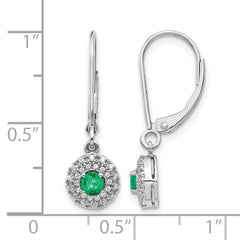14k White Gold 1/5 carat Lab Grown Diamond VS/SI+ G+ and Created Emerald Complete Halo Leverback Earrings