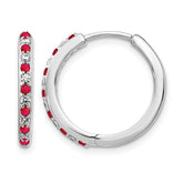14k White Gold 1/5 carat Lab Grown Diamond VS/SI+ G+ and Created Ruby Complete Hinged Hoop Earrings