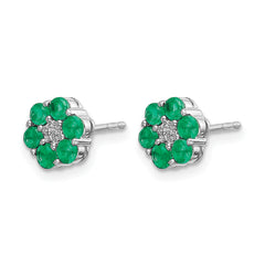 10k White Gold Polished Emerald and Diamond Post Earrings