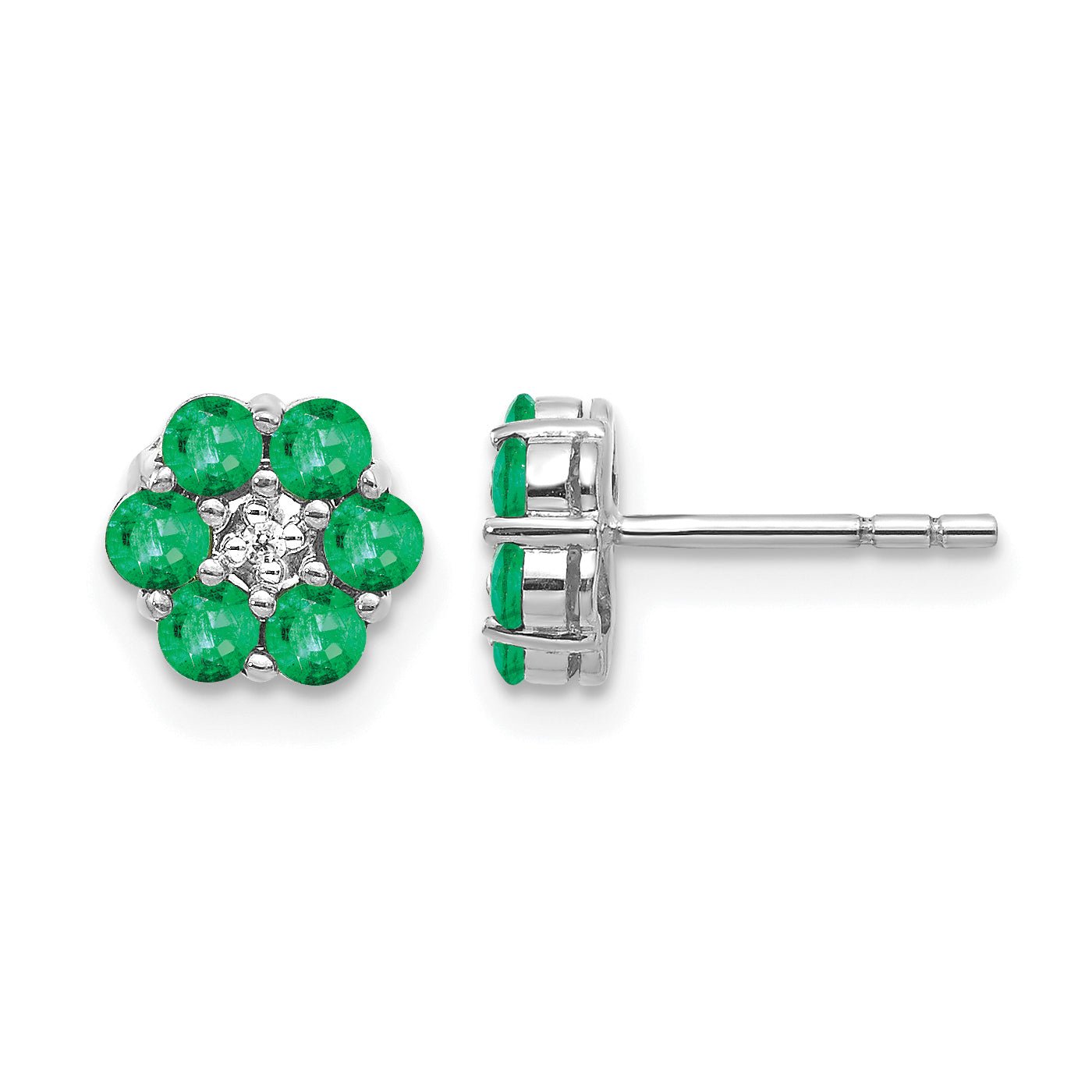 10k White Gold Polished Emerald and Diamond Post Earrings