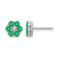 10k White Gold Polished Emerald and Diamond Post Earrings