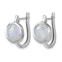 14k White Gold Dia. & Moonstone Moon & Star Hinged Hoop Earrings