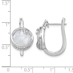 14k White Gold Dia. & Moonstone Moon & Star Hinged Hoop Earrings
