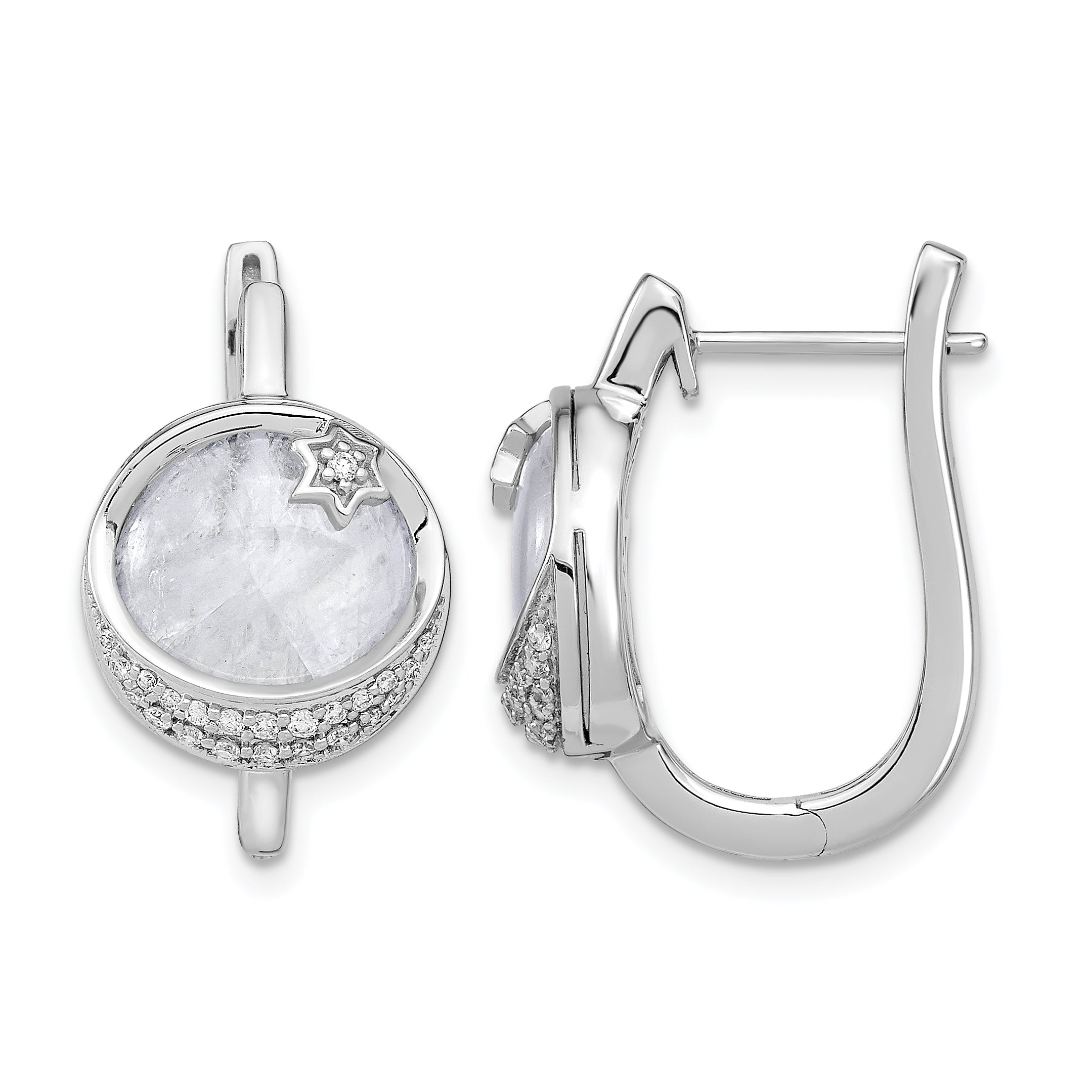 14k White Gold Dia. & Moonstone Moon & Star Hinged Hoop Earrings