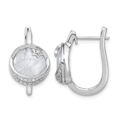 14k White Gold Dia. & Moonstone Moon & Star Hinged Hoop Earrings