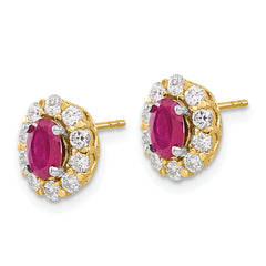14k 3/4 carat Lab Grown Diamond VS/SI+ G+ and Oval Created Ruby Complete Halo Post Earrings