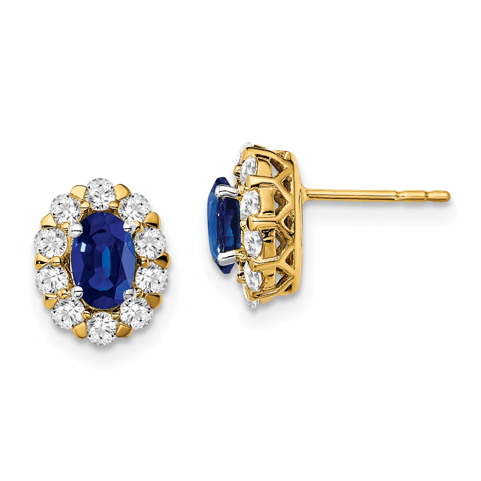 14k 5/8 carat Lab Grown Diamond VS/SI+ G+ and Oval Created Sapphire Halo Post Earrings