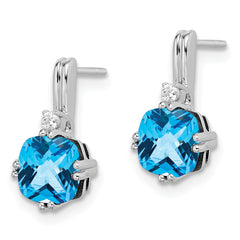 10k White Gold Cushion Blue Topaz and Diamond Earrings