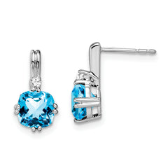 10k White Gold Cushion Blue Topaz and Diamond Earrings