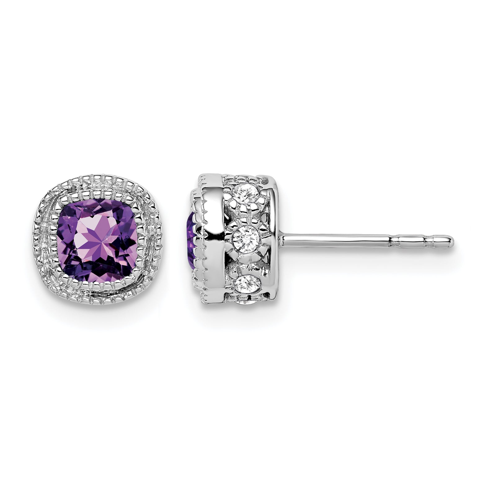 10k White Gold Cushion Amethyst and Diamond Earrings