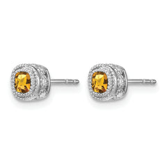 10k White Gold Cushion Citrine and Diamond Earrings