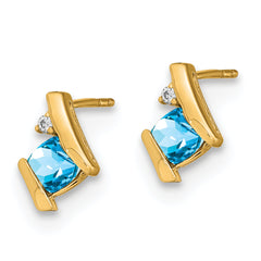 10k Yellow Gold Cushion Blue Topaz and Diamond Earrings