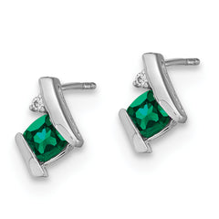 10k White Gold Cushion Cr. Emerald and Diamond Earrings