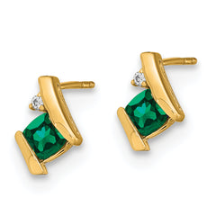 10k Yellow Gold Cushion Cr. Emerald and Diamond Earrings
