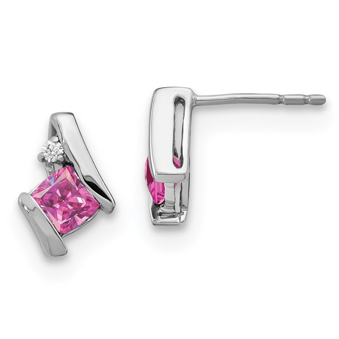 10k White Gold Cushion Cr. Pink Sapphire and Diamond Earrings