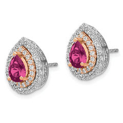 14k Two Tone 7/8 carat Lab Grown Diamond VS/SI+ G+ and Lab Created Pink Sapphire Fancy Teardrop Post Earrings