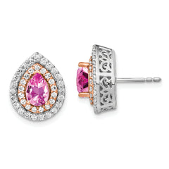 14k Two Tone 7/8 carat Lab Grown Diamond VS/SI+ G+ and Lab Created Pink Sapphire Fancy Teardrop Post Earrings