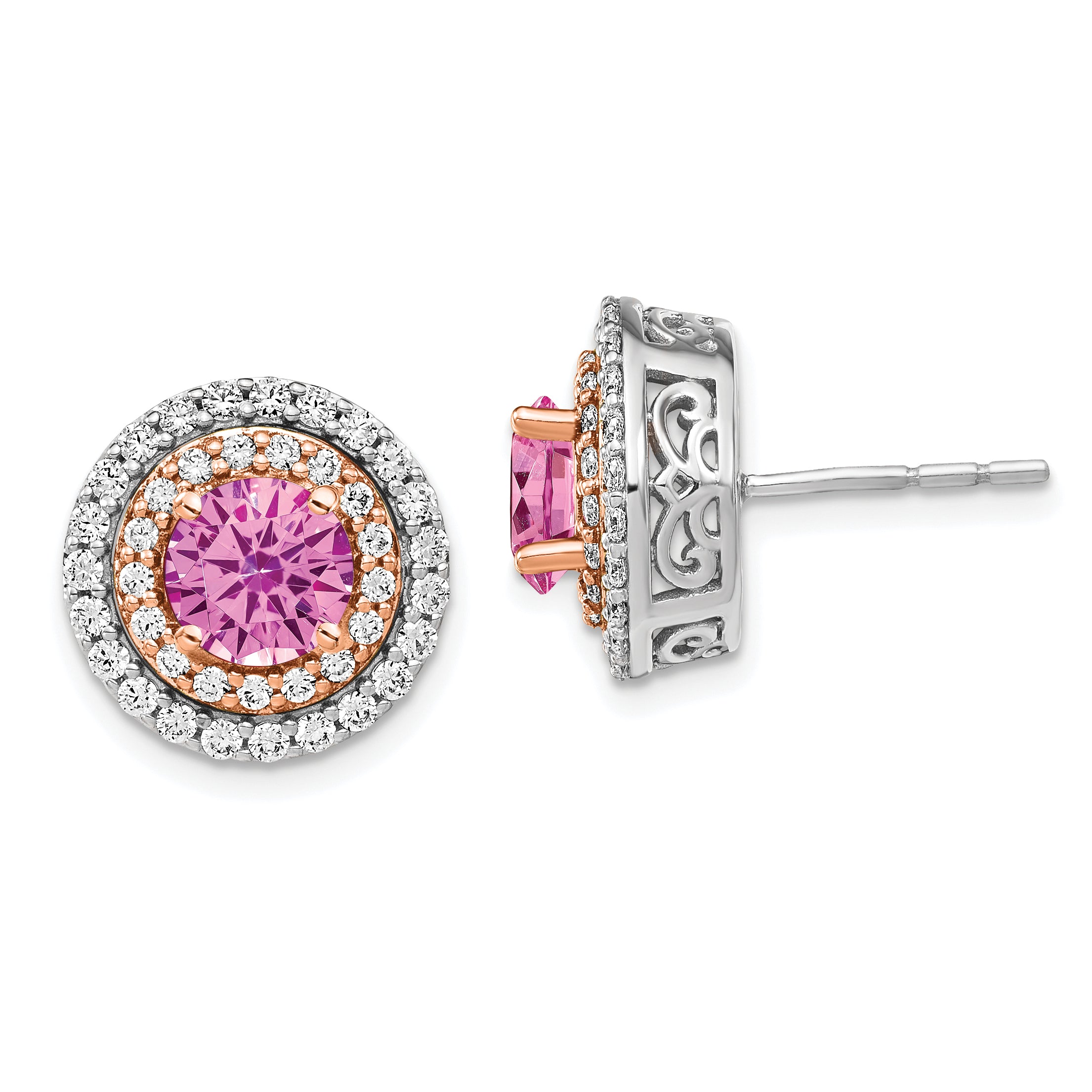 14k Two Tone 1 carat Lab Grown Diamond VS/SI+ G+ and Lab Created Pink Sapphire Round Post Earrings