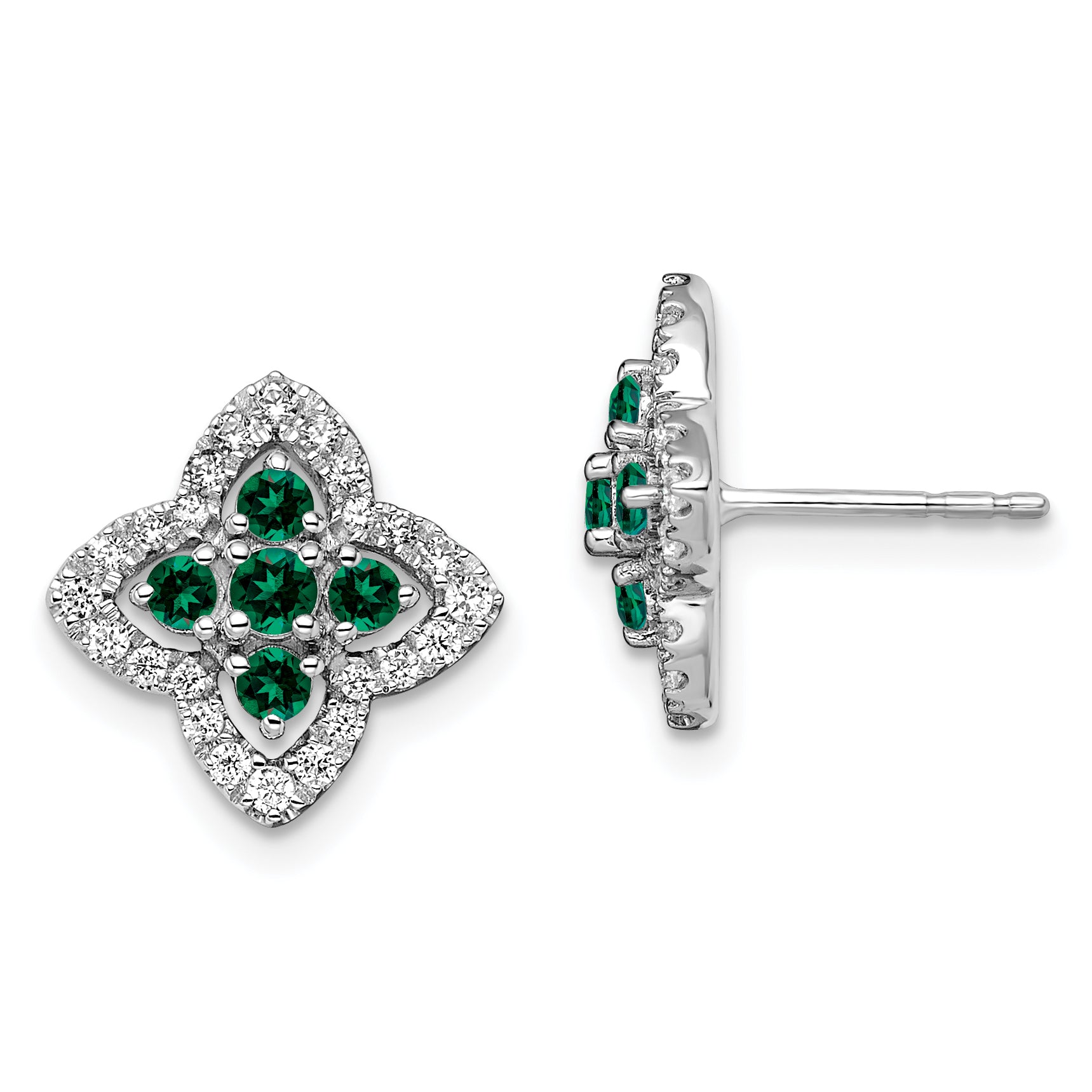 14k White Gold 1/3 carat Lab Grown Diamond VS/SI+ G+ and Created Emerald Complete Fashion Post Earrings