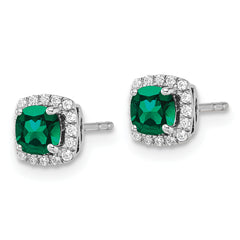 14k White Gold 1/10 carat Lab Grown Diamond VS/SI+ G+ and Created Emerald Complete Square Halo Post Earrings