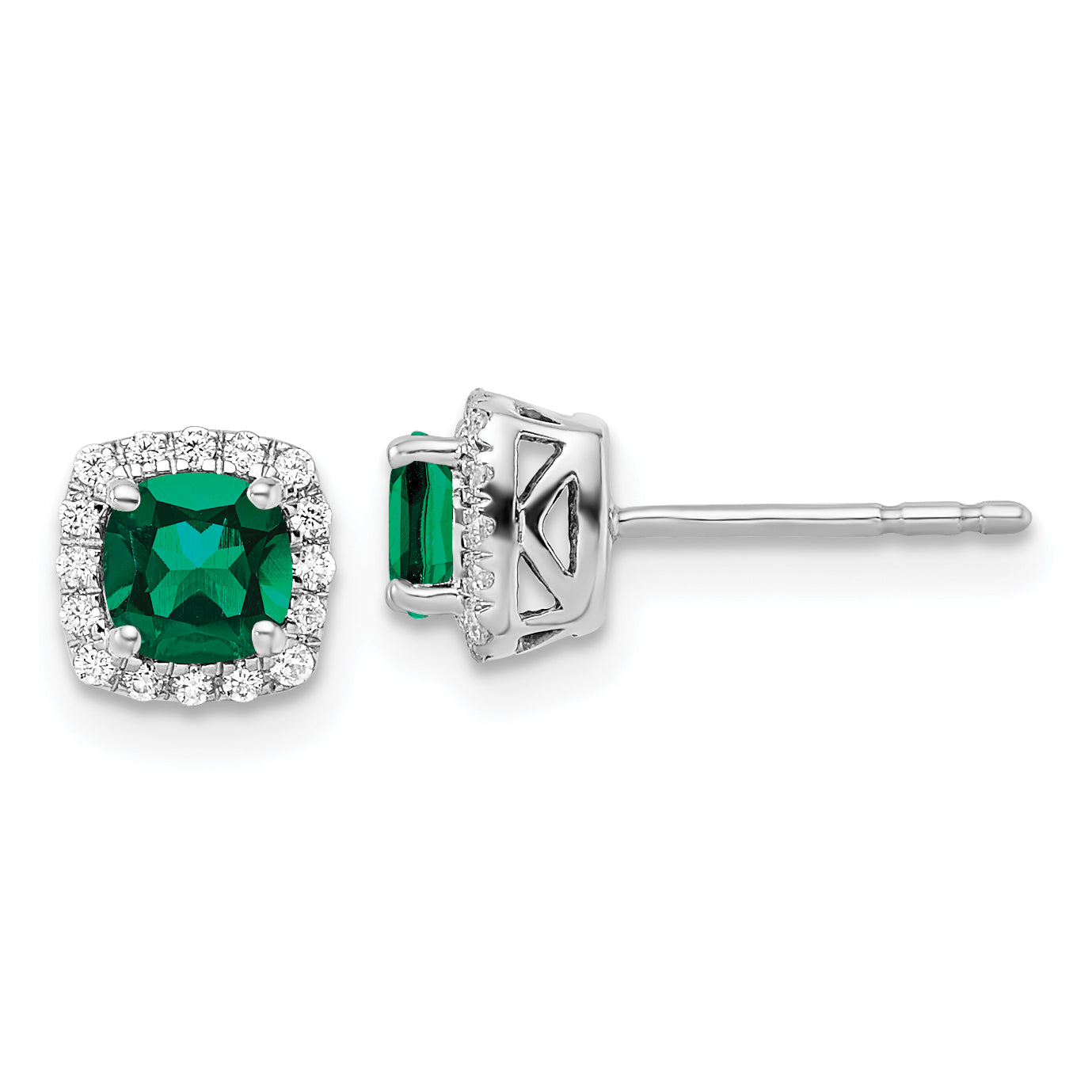 10k White Gold 1/10 carat Lab Grown Diamond VS/SI+ G+ and Created Emerald Complete Square Halo Post Earrings