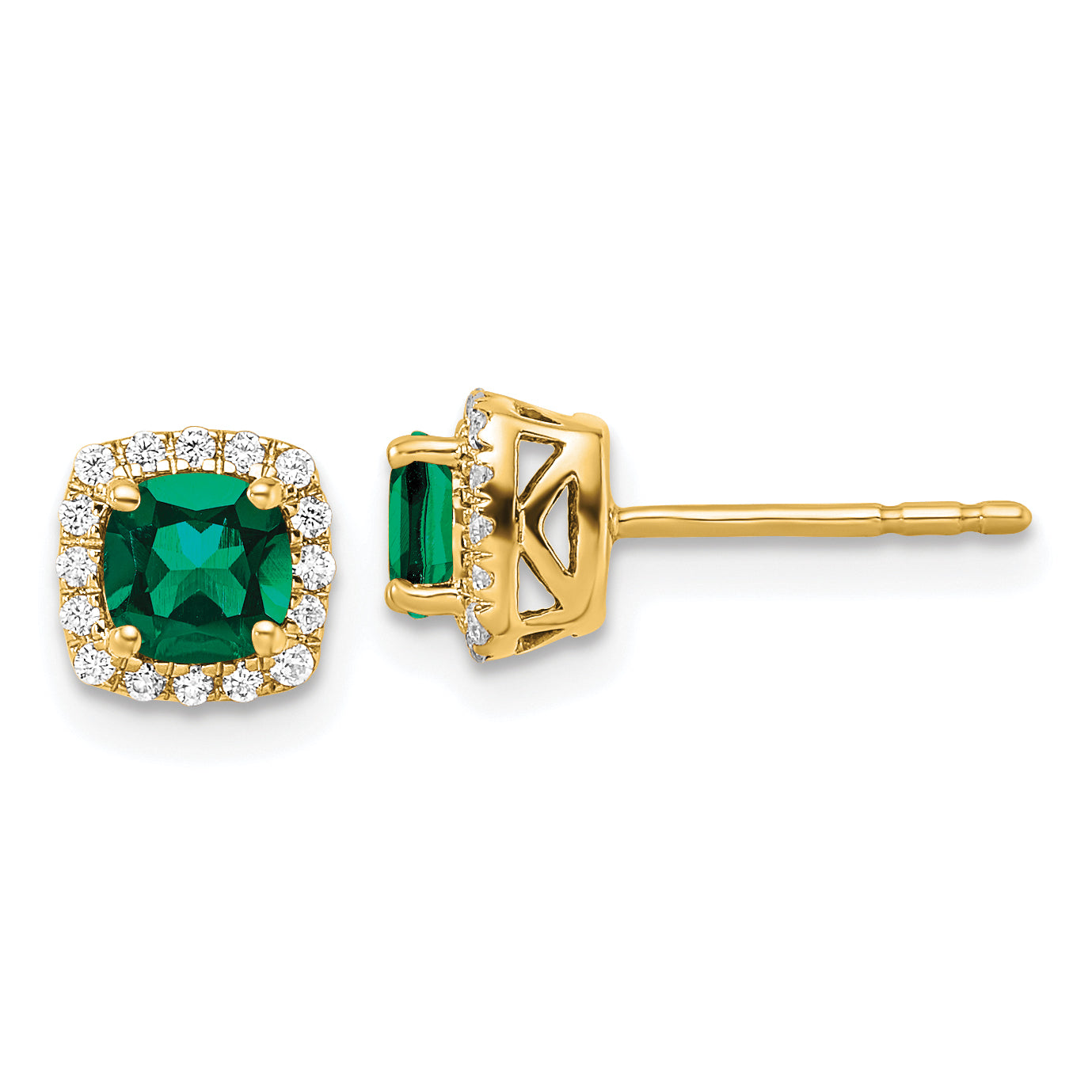 14k 1/10 carat Lab Grown Diamond VS/SI+ G+ and Created Emerald Complete Square Halo Post Earrings
