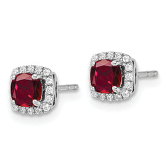 10k White Gold 1/10 carat Lab Grown Diamond VS/SI+ G+ and Created Ruby Complete Square Halo Post Earrings