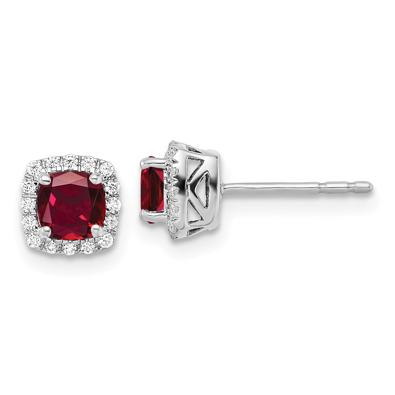 10k White Gold 1/10 carat Lab Grown Diamond VS/SI+ G+ and Created Ruby Complete Square Halo Post Earrings