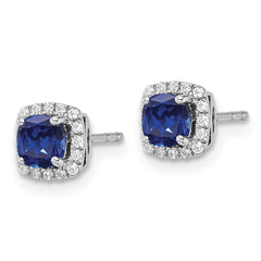 14k White Gold 1/10 carat Lab Grown Diamond VS/SI+ G+ and Created Sapphire Complete Square Halo Post Earrings