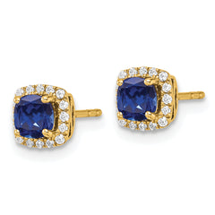 14k 1/10 carat Lab Grown Diamond VS/SI+ G+ and Created Sapphire Complete Square Halo Post Earrings