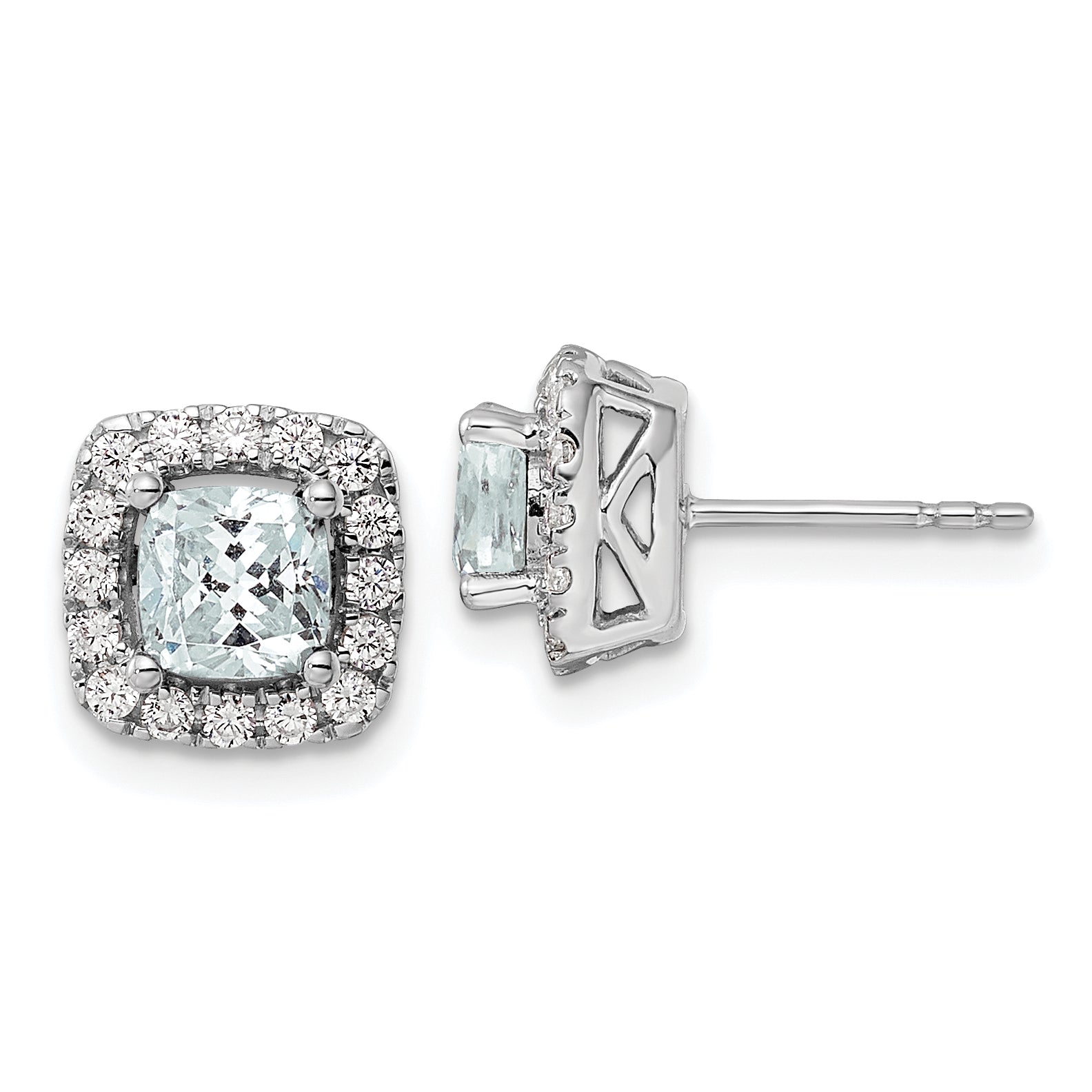 14k White Gold 3/8 carat Lab Grown Diamond VS/SI+ G+ March Birthstone Aquamarine Halo Post Earrings