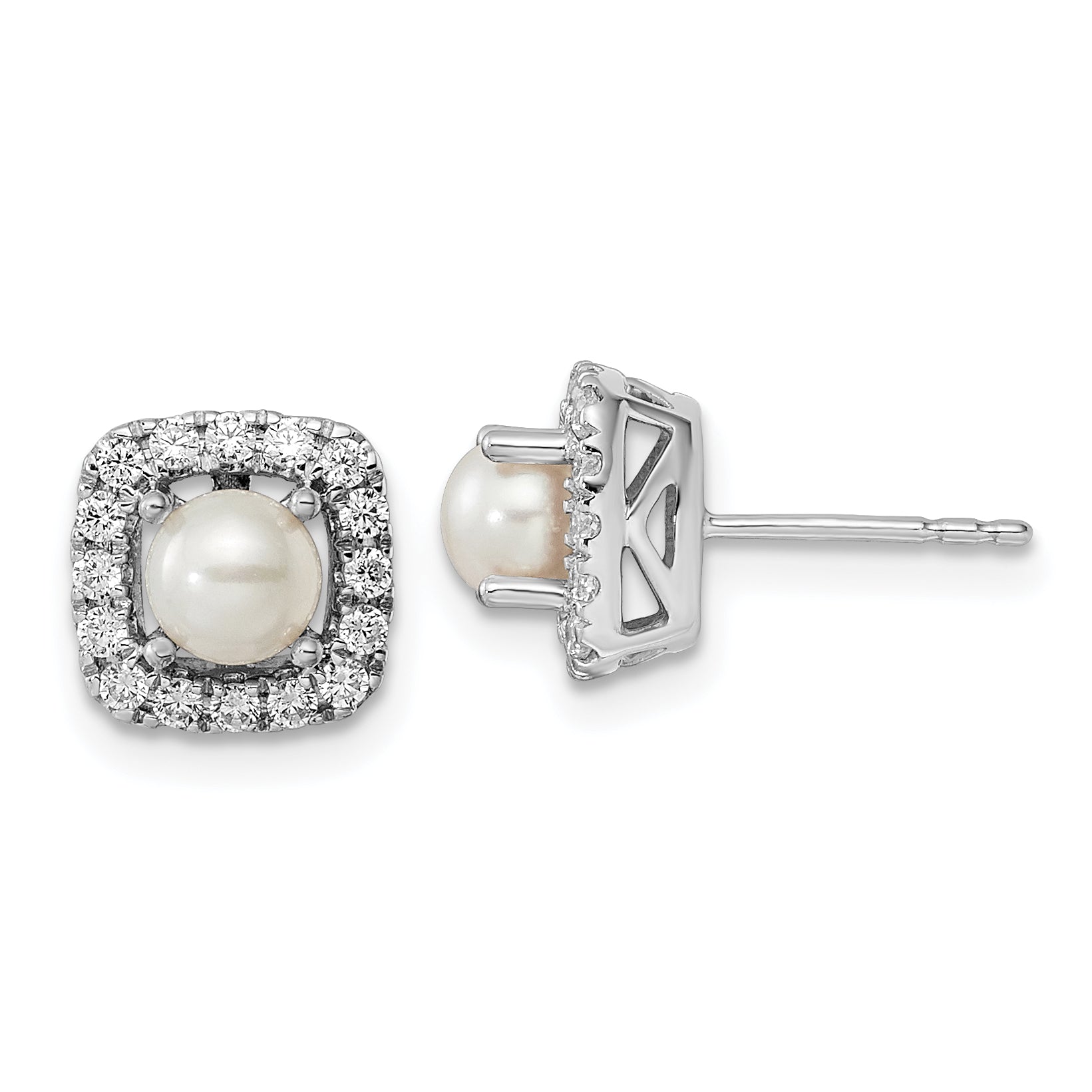 14k White Gold 3/8 carat Lab Grown Diamond VS/SI+ G+ June Birthstone Freshwater Cultered Pearl Halo Post Earrings
