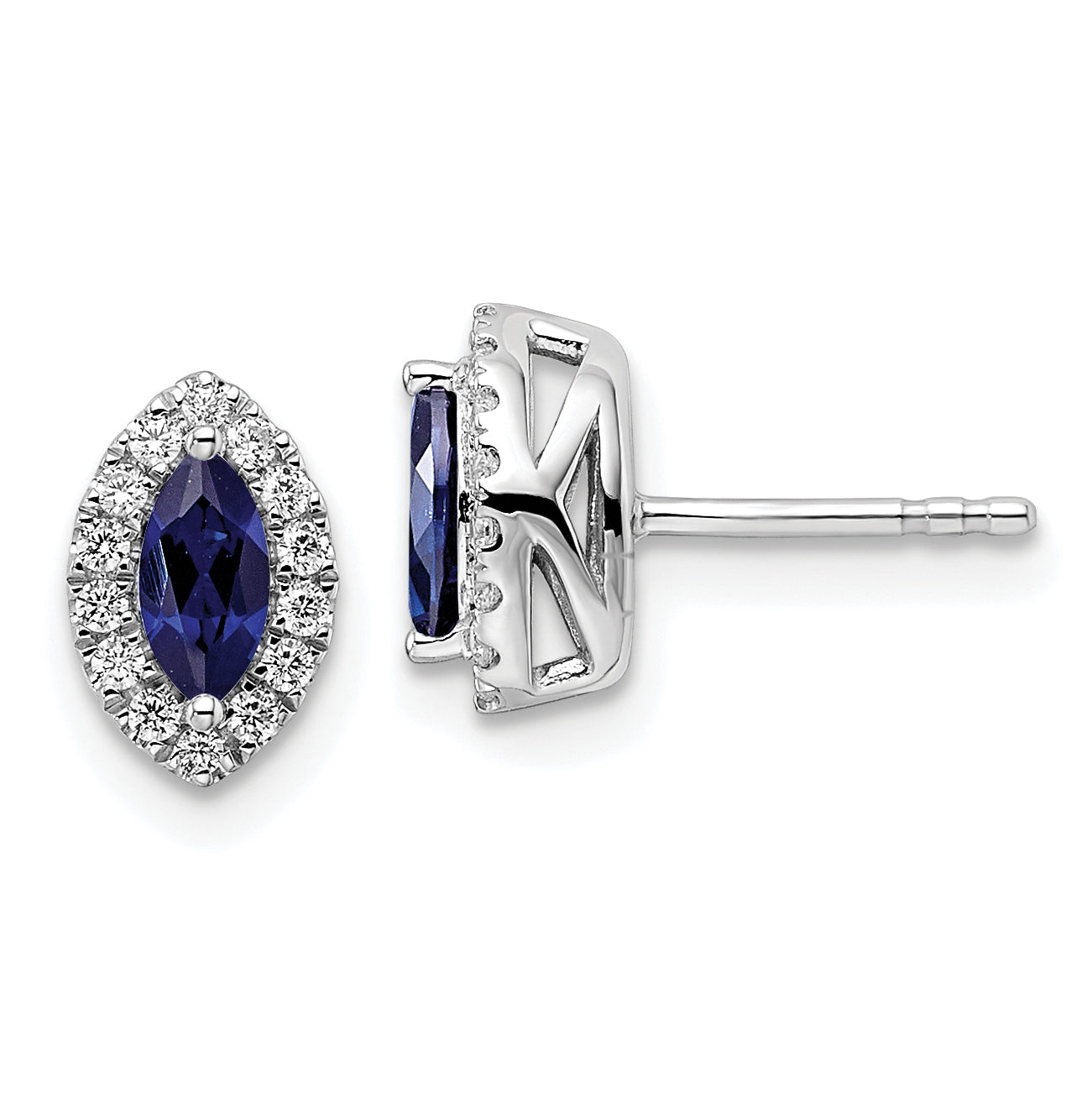 14k White Gold 1/5 carat Lab Grown Diamond VS/SI+ G+ and Lab Created Blue Sapphire September Birthstone Post Earrings