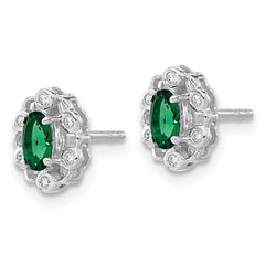 14k White Gold 1/20 carat Lab Grown Diamond VS/SI+ G+ and Oval Created Emerald Complete Halo Post Earrings