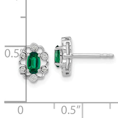 14k White Gold 1/20 carat Lab Grown Diamond VS/SI+ G+ and Oval Created Emerald Complete Halo Post Earrings