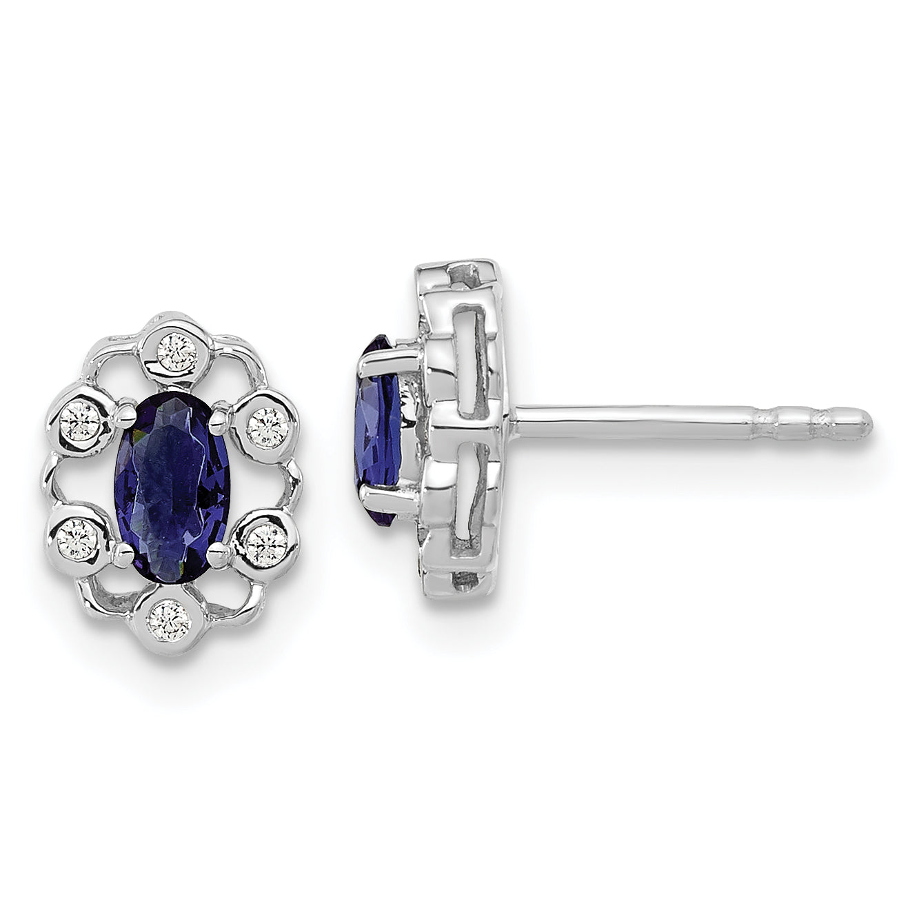 14k White Gold 1/20 carat Lab Grown Diamond VS/SI+ G+ and Oval Created Sapphire Halo Post Earrings