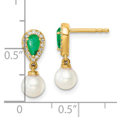 14K Polished Diamond Pearl and Emerald Dangle Post Earrings