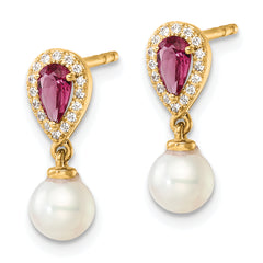 14K Polished Diamond Pearl and Ruby Dangle Post Earrings