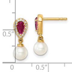 14K Polished Diamond Pearl and Ruby Dangle Post Earrings
